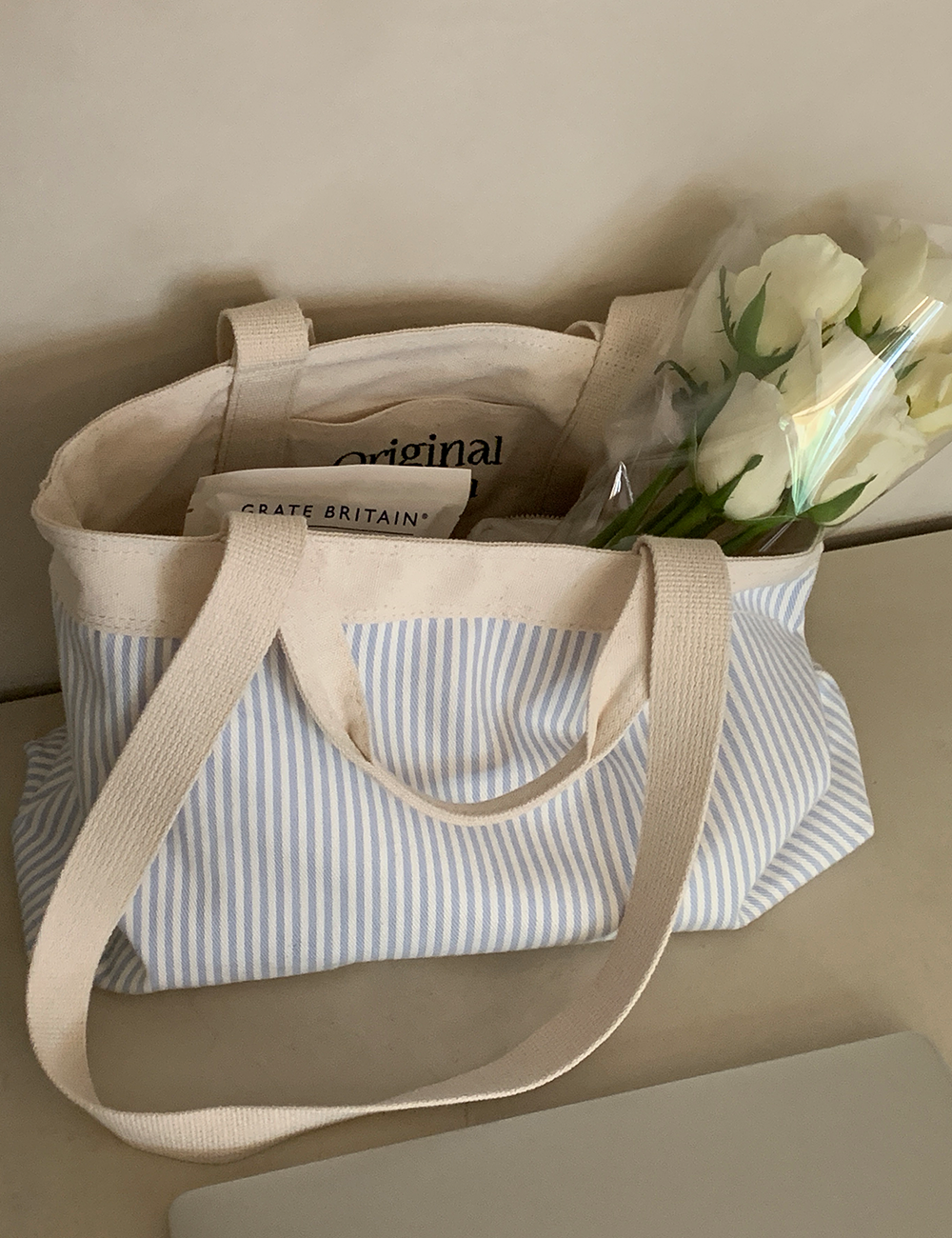 stripe reversible bag - picnic blue